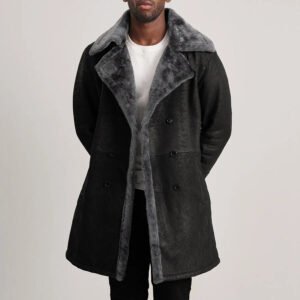 Charles Tumbled Black Leather Shearling Double-Breasted Coat