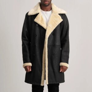 Charles Distressed Black Leather Shearling Double-Breasted Coat