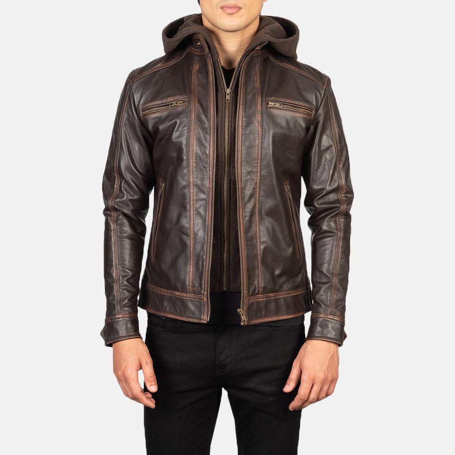 Hector Brown Hooded Leather Biker Jacket